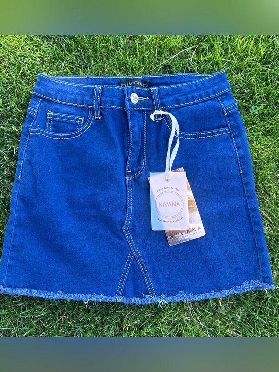 NIRVANA Dresses & Skirts - Dark Blue Denim Mini Skirt with Frayed Hem NWT